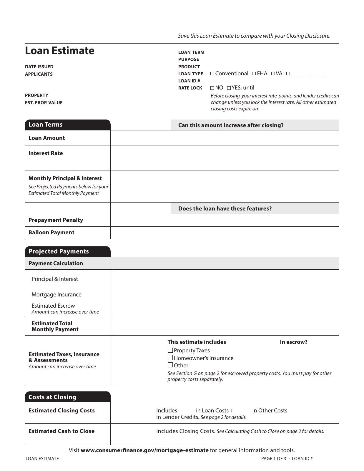 Blank Loan Estimate page 1. Loan Amount and Interest Rate in Loan Terms are circled in gold.