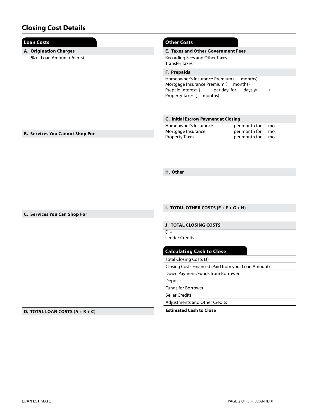 Blank Loan Estimate closing-cost page. Section A, Origination Charges, is circled in gold in the upper-left Loan Costs column.